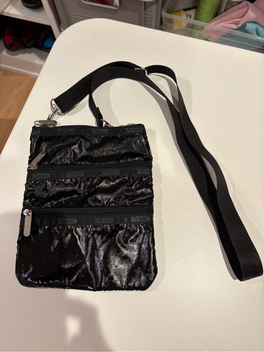 LeSportsac Crossbody Bag – Metallic Black/Silver, 7.5” x 9”